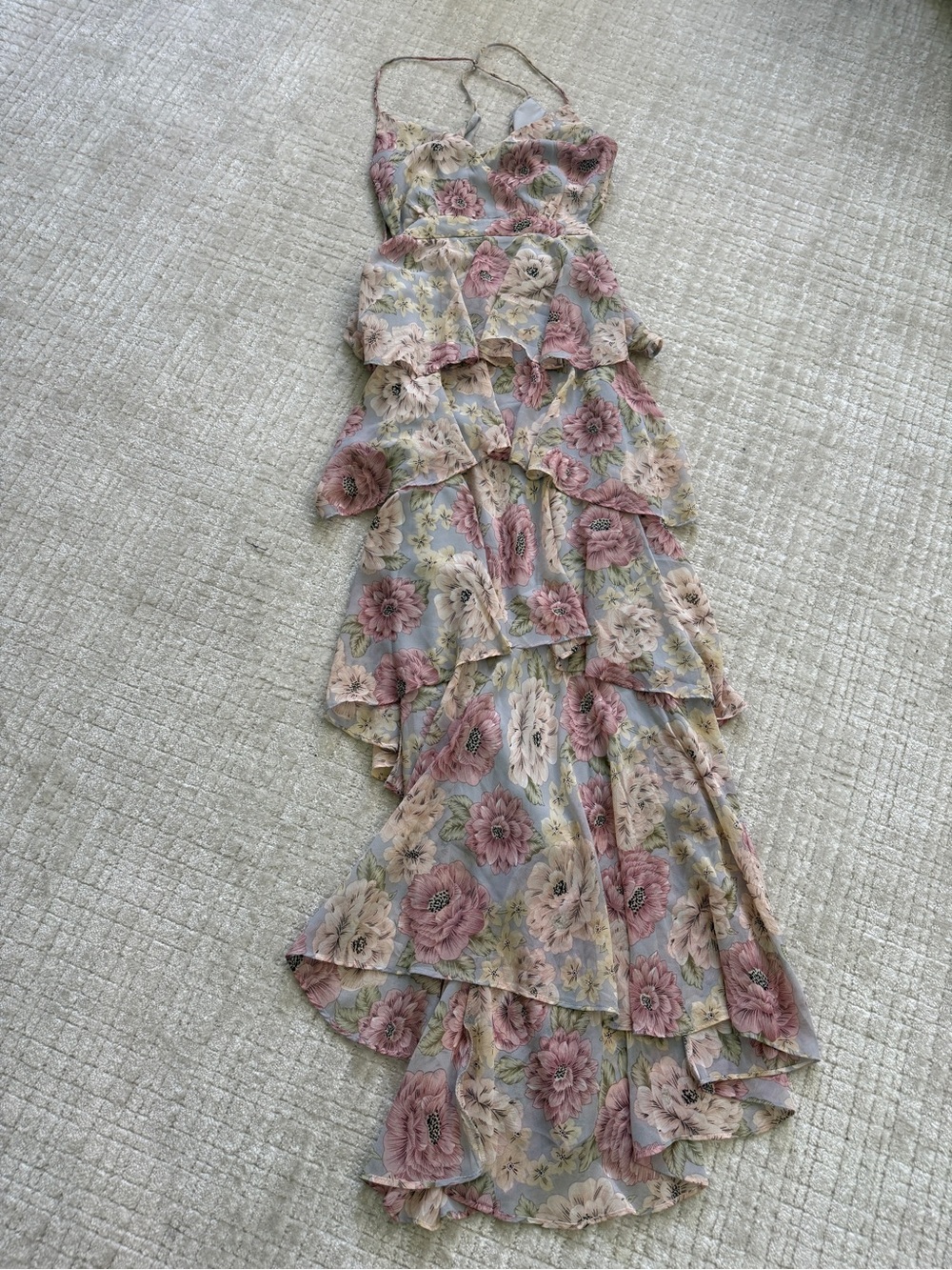 ASTR Dusty Rose and Light Blue Floral High-Low Tiered Maxi Dress - Picture 1 of 5